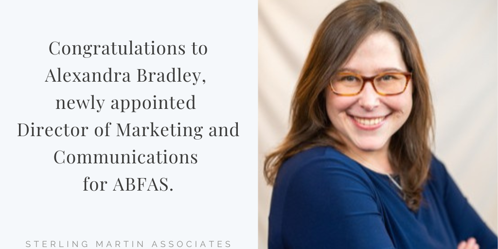 Announcement with headshot of Alexandra Bradley, new Director for ABFAS